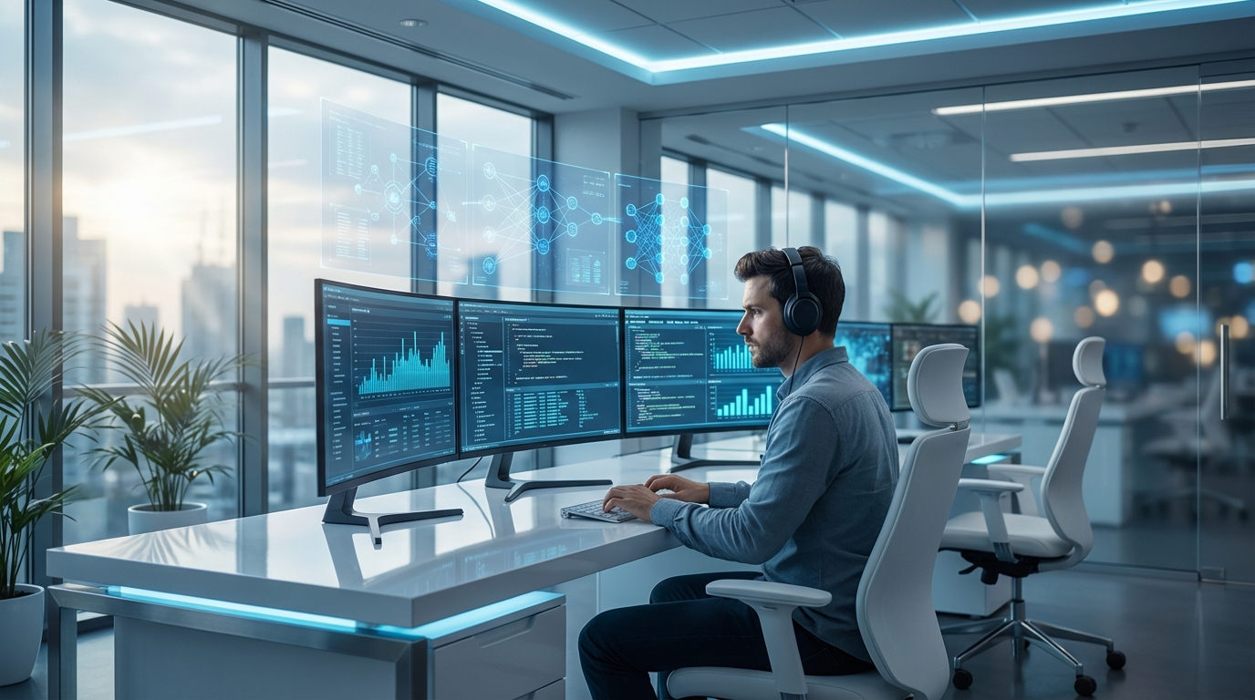 Entwickler in modernem Büro an Bildschirmen mit Code und Schema-Markup, Fokus auf Markensichtbarkeit für KI.