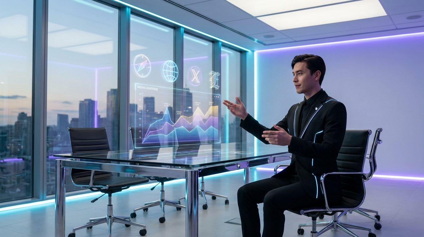 Medienanalyse im Meeting: von KI erkannt werden sichtbar PR-Consultant präsentiert Medienanalyse mit Logos führender Medien auf großem Bildschirm, von KI erkannt werden.