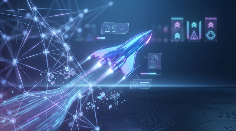 Futuristische 3D-Startup-Rakete steigt durch digitales AI-Neuralnetzwerk, ChatGPT für StartUps-Elemente sichtbar