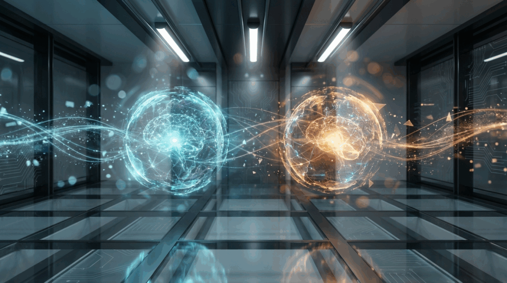 Futuristische 3D-Darstellung: zwei holografische KI-Sphären symbolisieren ChatGPT vs. Google in minimalistischer Umgebung