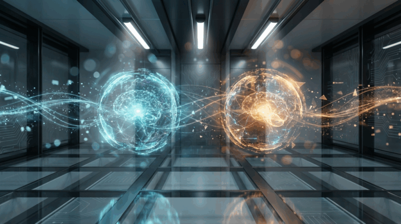 Futuristische 3D-Darstellung: zwei holografische KI-Sphären symbolisieren ChatGPT vs. Google in minimalistischer Umgebung