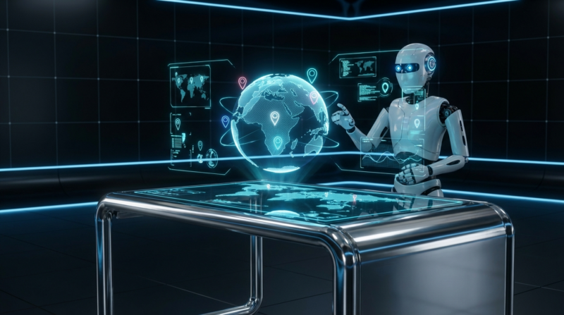 Futuristische 3D-Hologrammkarte mit leuchtenden Pins und AI-Roboter, Geo-Optimierung visualisiert in neonblau Sci-Fi-Setting