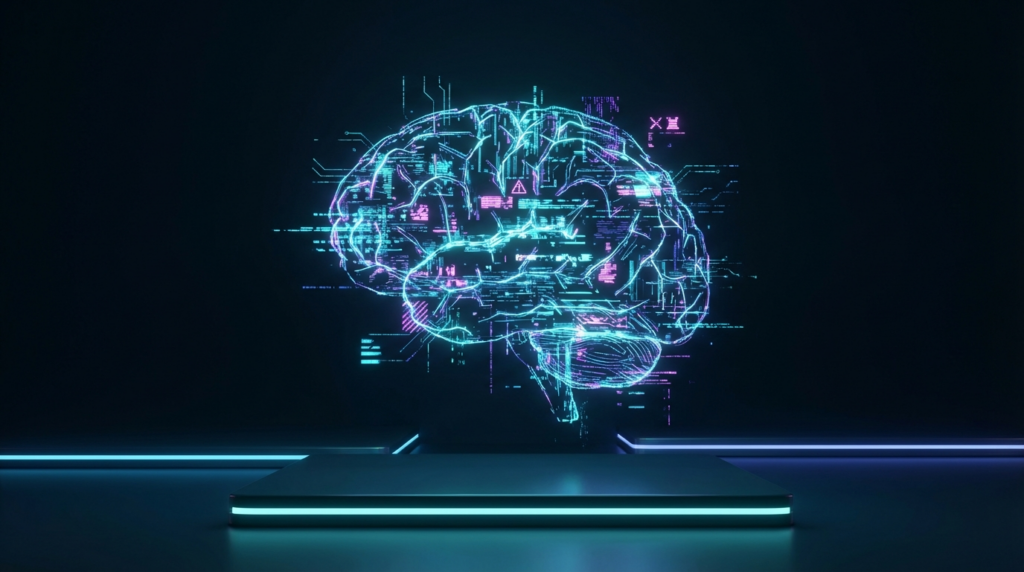 Holographische AI mit Glitches und Fehlern, symbolisiert KI Sichtbarkeit Don'ts in dunklem cyan-blauem Raum.