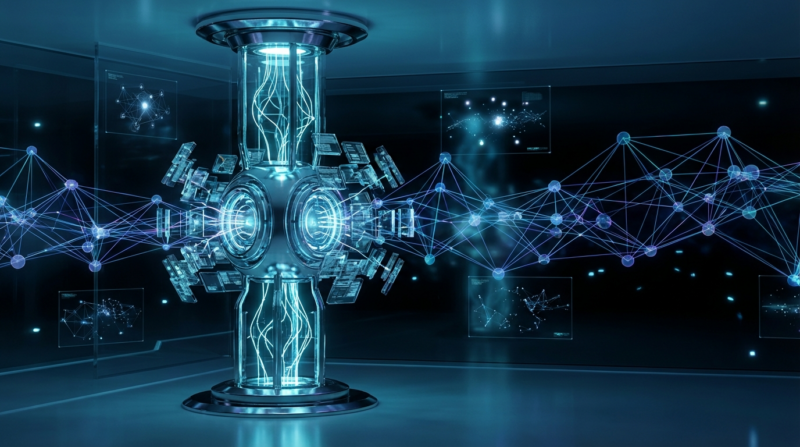 Futuristische Darstellung von LLM Knowledge Graphs mit leuchtenden Knoten, holografischen Datenpfaden und KI-Kern.