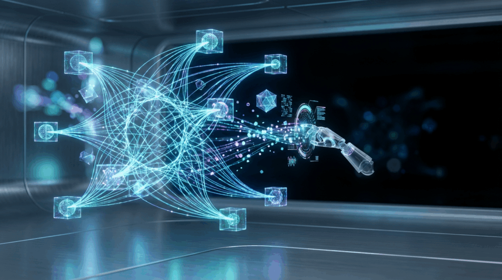 Futuristische AI-Laboraufnahme mit neuralen Netzen, Roboteranalyse und Datenströmen – LLM SEO für Anfänger visualisiert.