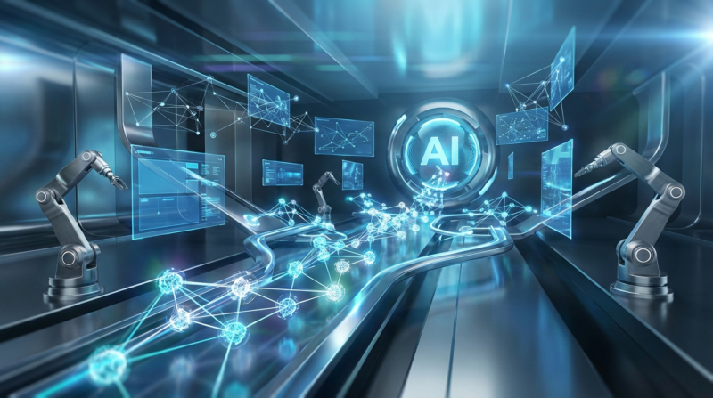 Futuristische Visualisierung von LLM strukturierte Daten: holografische Graphen, Knoten und Datenpanels in blauem Labor.