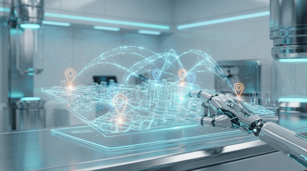 Futuristische holographische Stadtkarte mit leuchtenden Standort-Pins und Roboterhand, Local SEO mit KI Visualisierung im Labor.