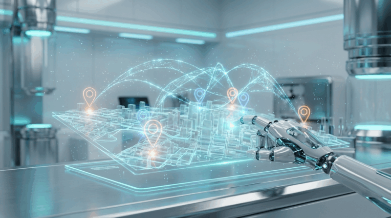 Futuristische holographische Stadtkarte mit leuchtenden Standort-Pins und Roboterhand, Local SEO mit KI Visualisierung im Labor.