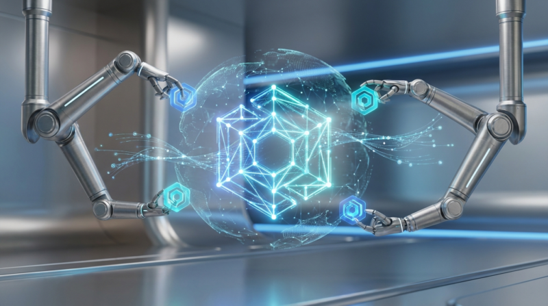 Glühendes 3D-Brandlogo wird von holografischen KI-Netzwerken gescannt — Markensichtbarkeit für KI in Studio-3D-Szene.