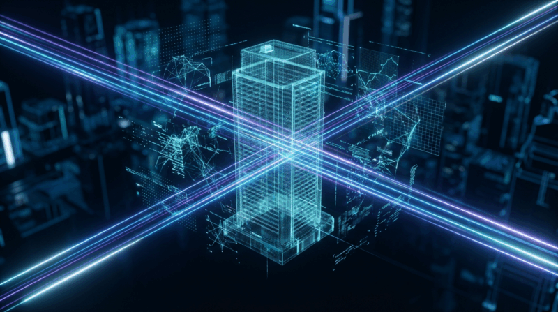 Transparente holografische Firmenstruktur in cyan-blauem Scan, Strahlen durchdringen ohne von KI erkannt werden.