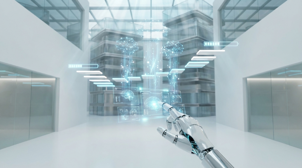 Hightech-Visual: Unternehmen optimieren für ChatGPT mit holografischem Netzwerk, Roboterhand und aufsteigenden Datenströmen.