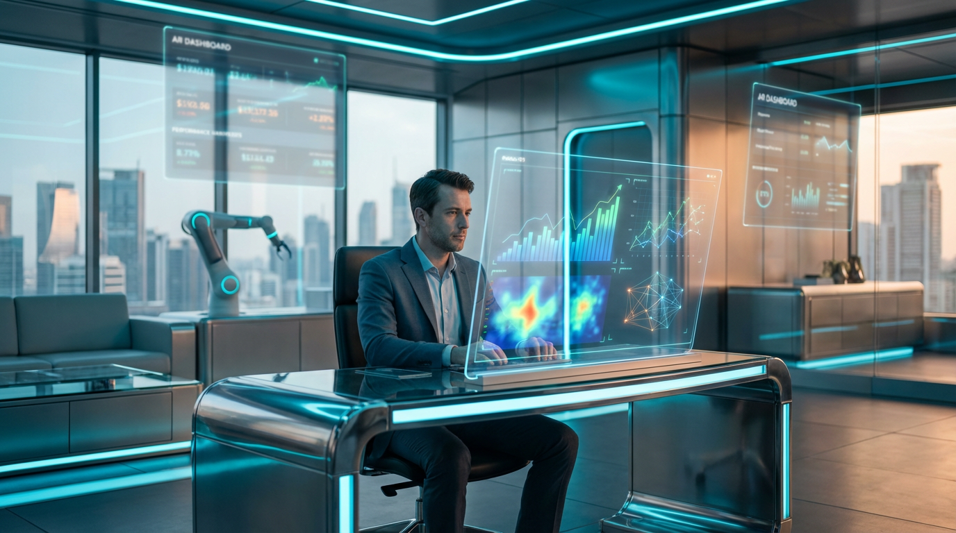 Data-Analyst prüft ChatGPT-Sichtbarkeitsmetriken auf großem Monitor im Büro — Unternehmen optimieren für ChatGPT.