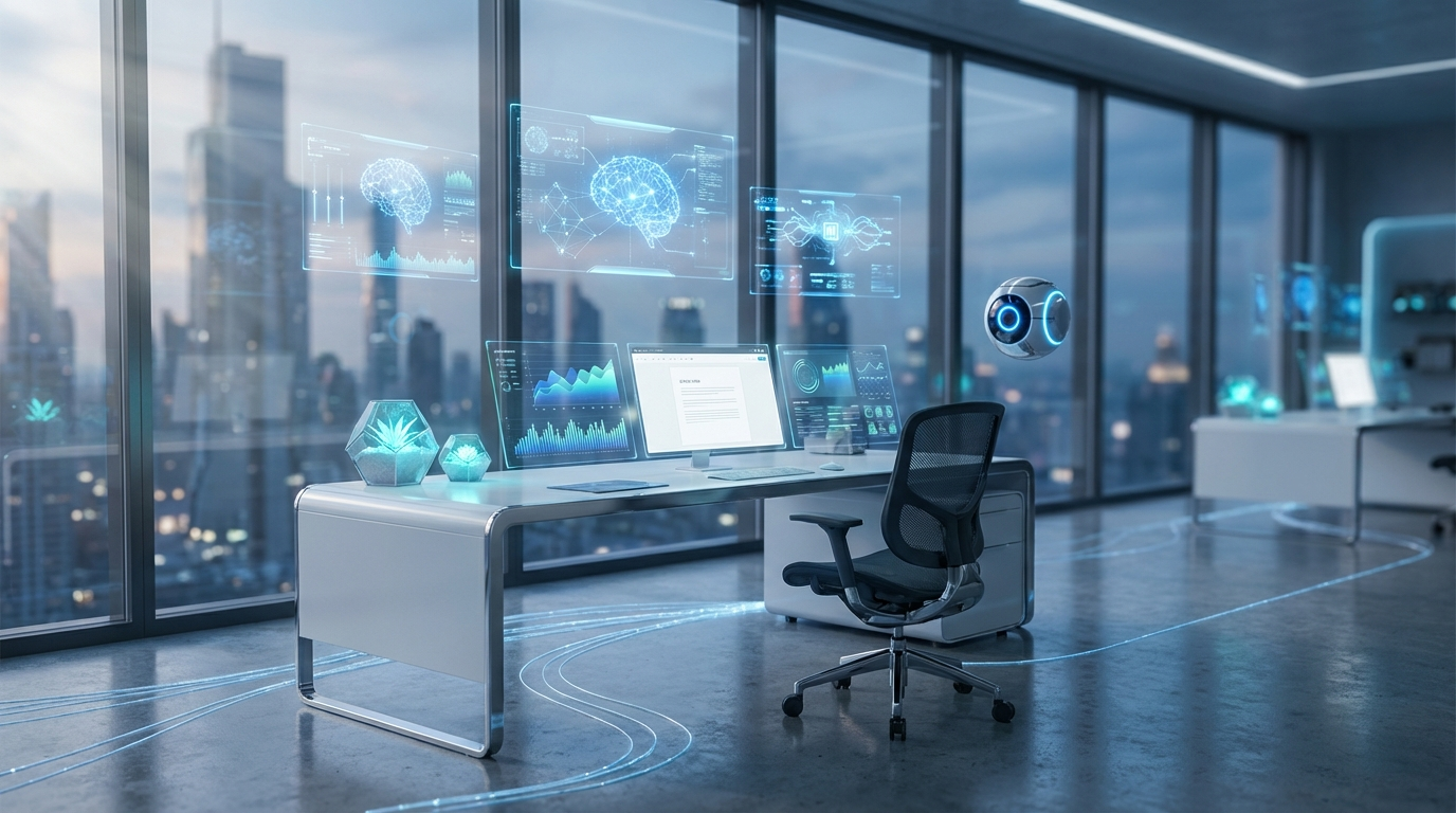 Moderner Creator-Arbeitsplatz mit mehreren Monitoren, Analytics und Artikeldrafts — Unternehmen optimieren für ChatGPT