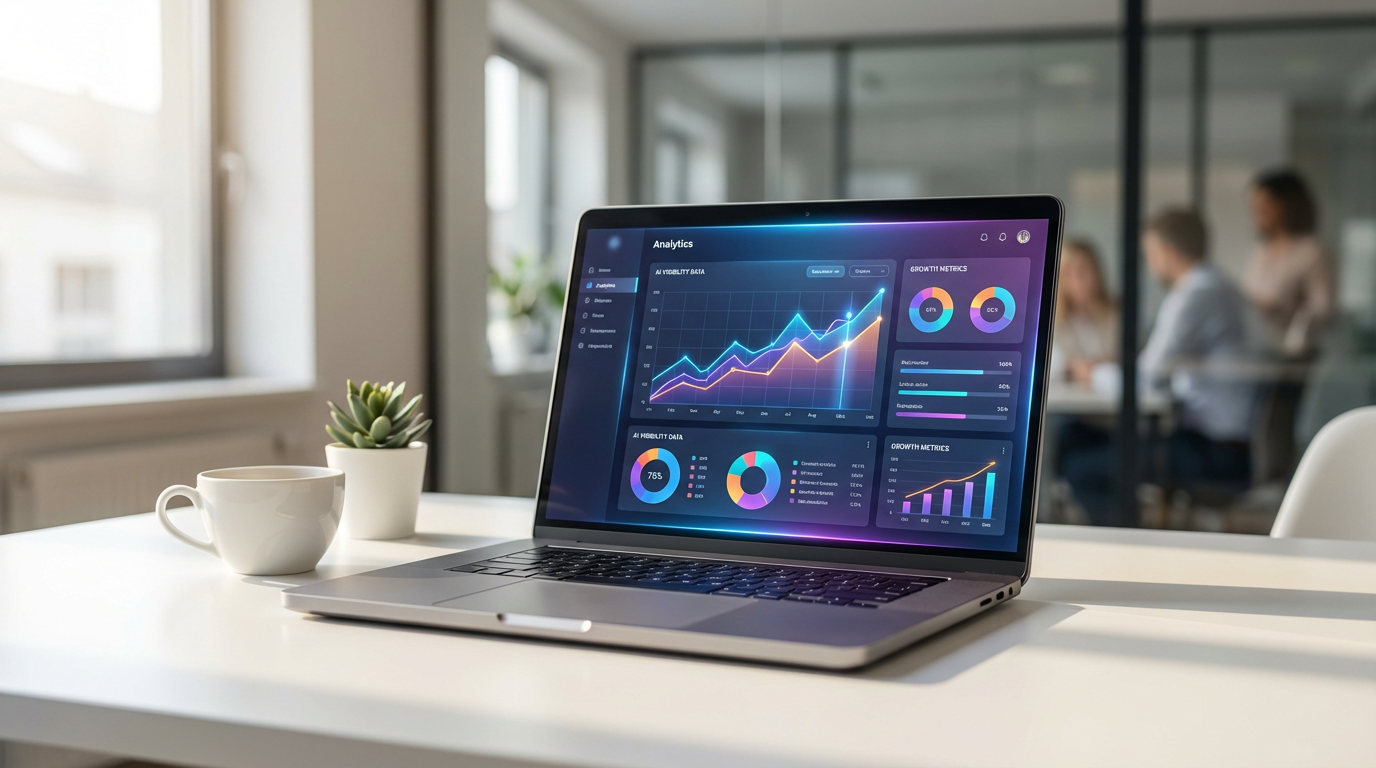 Laptop-Dashboard mit AI Answer Engine Optimization-Metriken, Grafiken zu Nennungsraten auf ChatGPT und Perplexity.