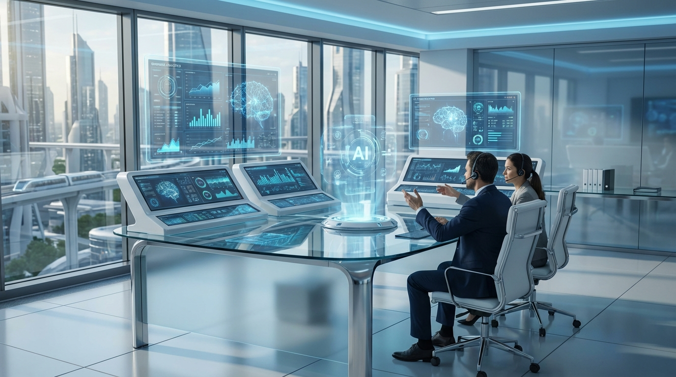 Professionelles Business-Analytics-Dashboard zeigt AI brand monitoring Kennzahlen auf mehreren Bildschirmen im modernen Büro.