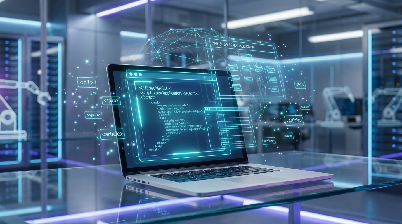 Laptop-Close-up mit Schema-Markup, XML-Sitemap und semantischem HTML, AI-readable Content klar sichtbar.
