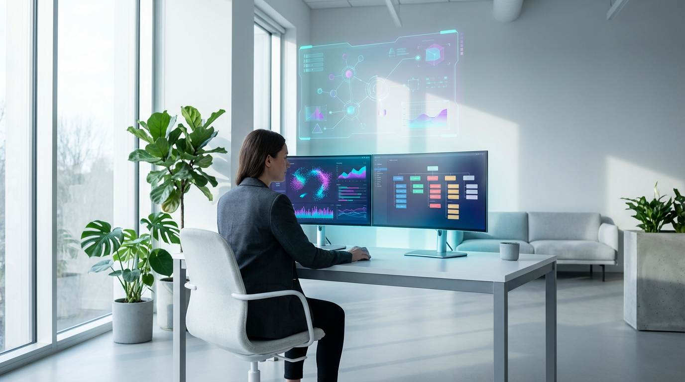 Content-Stratege am hellen Arbeitsplatz mit Dual-Monitoren zeigt AI-readable Content-Struktur und semantisches Markup.