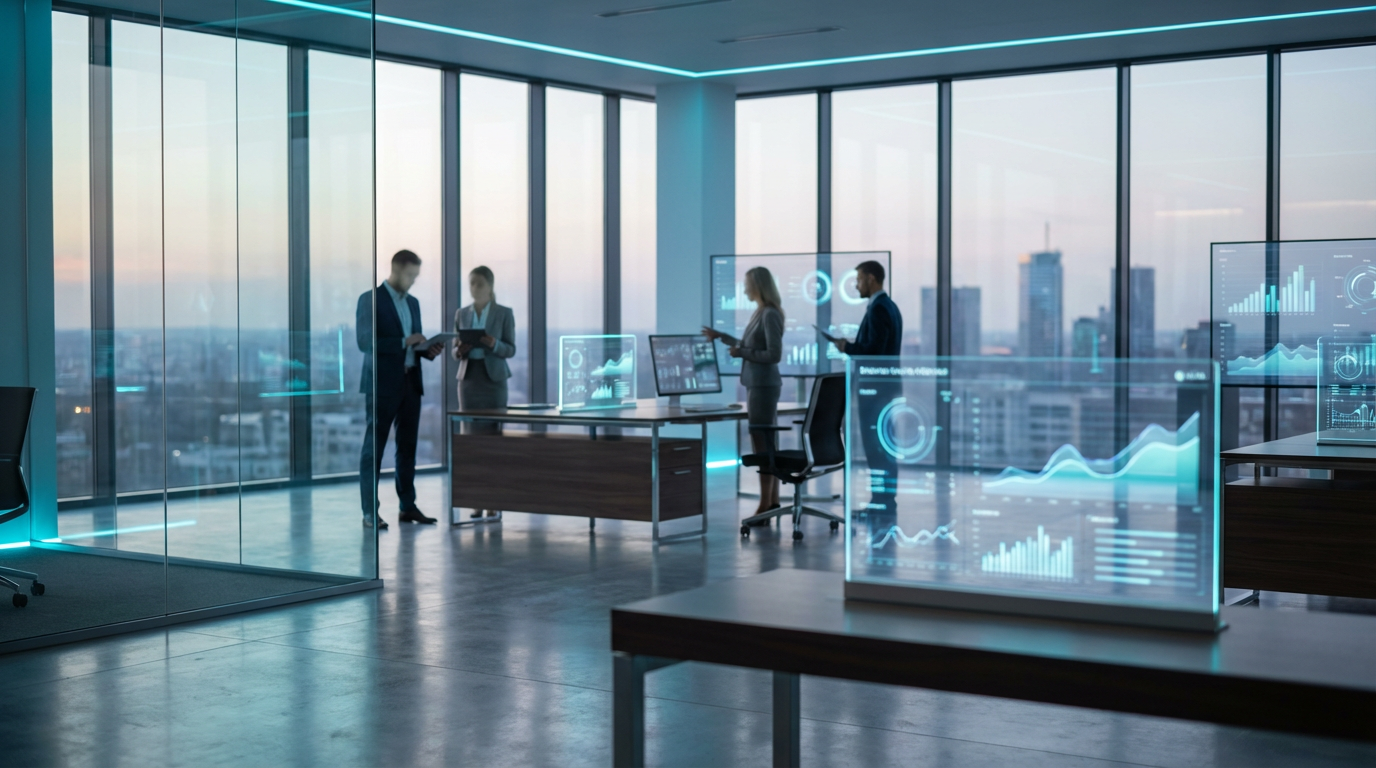 Modernes Office mit mehreren digitalen Geräten, die AI Wettbewerbsanalyse-Ergebnisse und Markenmentions in hoher Auflösung zeigen.