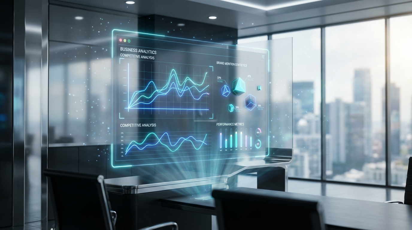 Realistisches Analytics-Dashboard auf Monitor zeigt AI Wettbewerbsanalyse, Wettbewerber-Charts und Marken-Mentionen im Büro