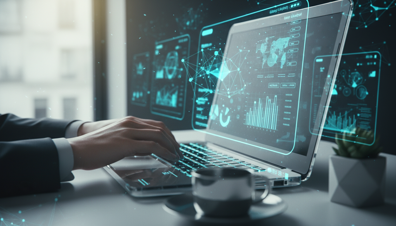 Nahaufnahme: Hände tippen auf Laptop mit AI Wettbewerbsanalyse-Dashboard, Charts und Marken-Sichtbarkeit