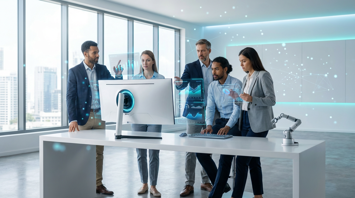 Modernes B2B-Office, Team arbeitet an GEO-Strategie vor Monitor mit AI-Analytics – B2B Sichtbarkeit in AI steigern.