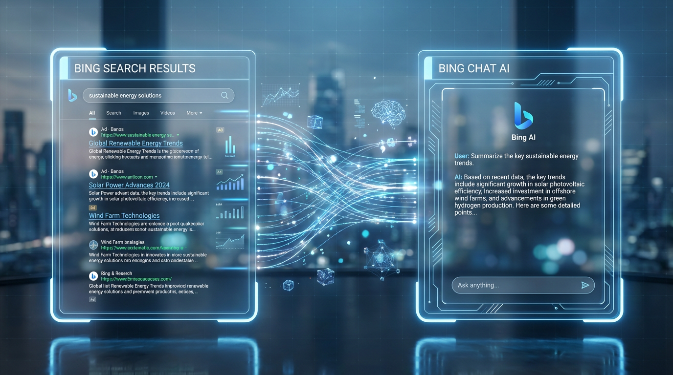 Split-Screen: traditionelle Suchergebnisse links, AI-generierte Konversation rechts in Bing-Interface – Bing SEO Visual.