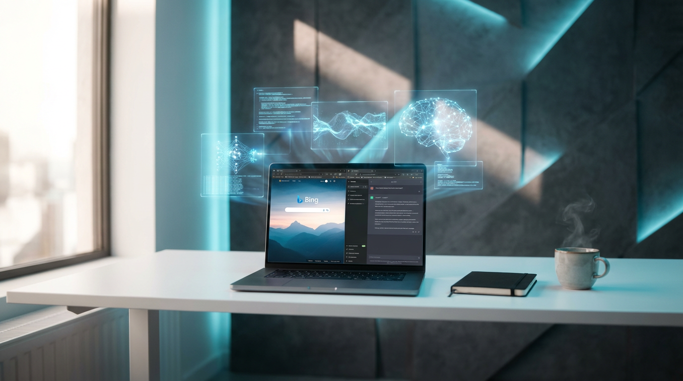 Professioneller Arbeitsplatz mit Laptop, Bing SEO Suchergebnissen und ChatGPT im Split-Screen, Notizen und Kaffee