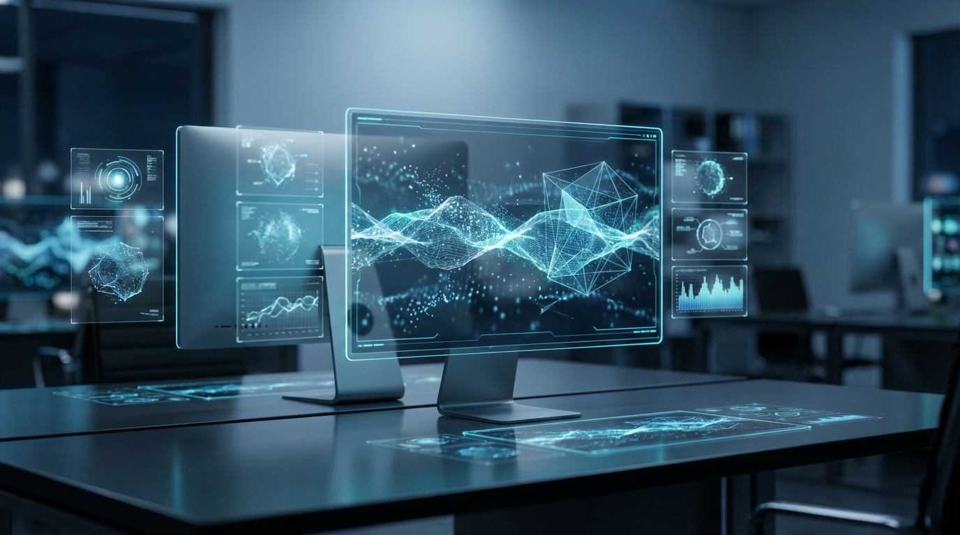 Modernes Business-Dashboard mit KI-Sichtbarkeit-Grafiken auf Dual-Monitoren, Bing SEO Fokus, scharfe Metriken