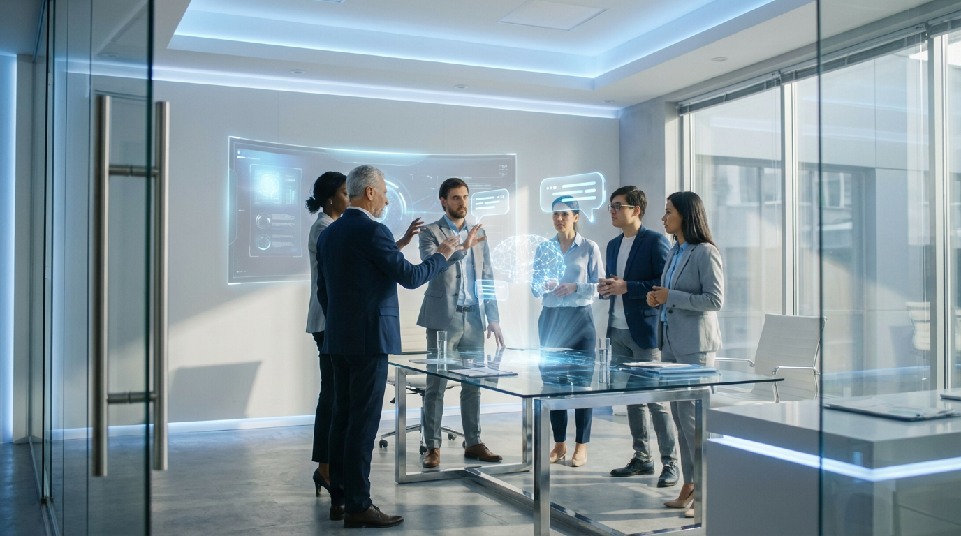 Diverse Geschäftsteam betrachtet ChatGPT Fragen auf großem Monitor in modernem Büro mit natürlichem Licht.