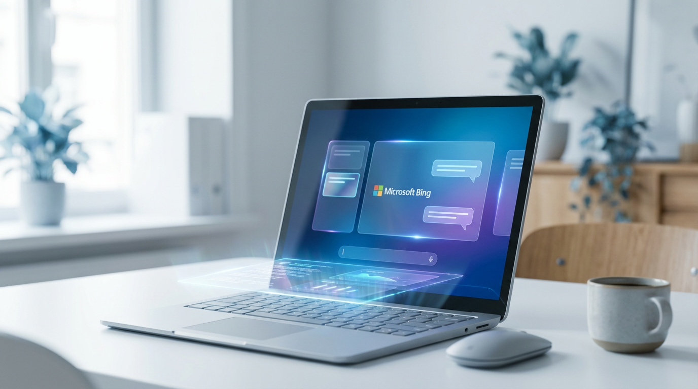 Nahaufnahme eines Laptops mit ChatGPT Bing auf dem Screen, Bing Chat-Antworten und Suchergebnisse auf modernem Schreibtisch