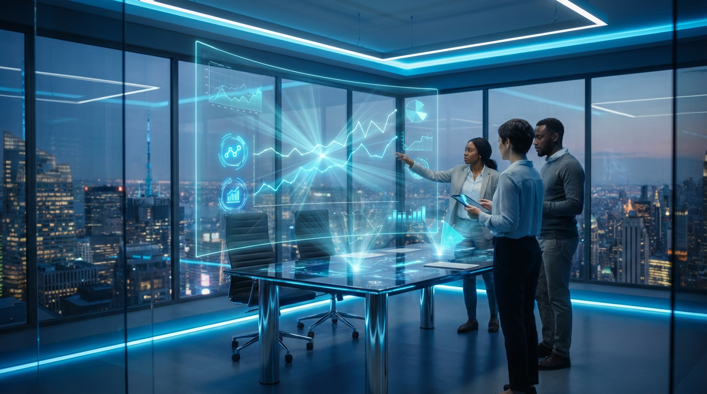 Teammeeting vor großem Analytics-Screen zeigt ChatGPT Bing Sichtbarkeitsmetriken, Diagramme und Dashboards