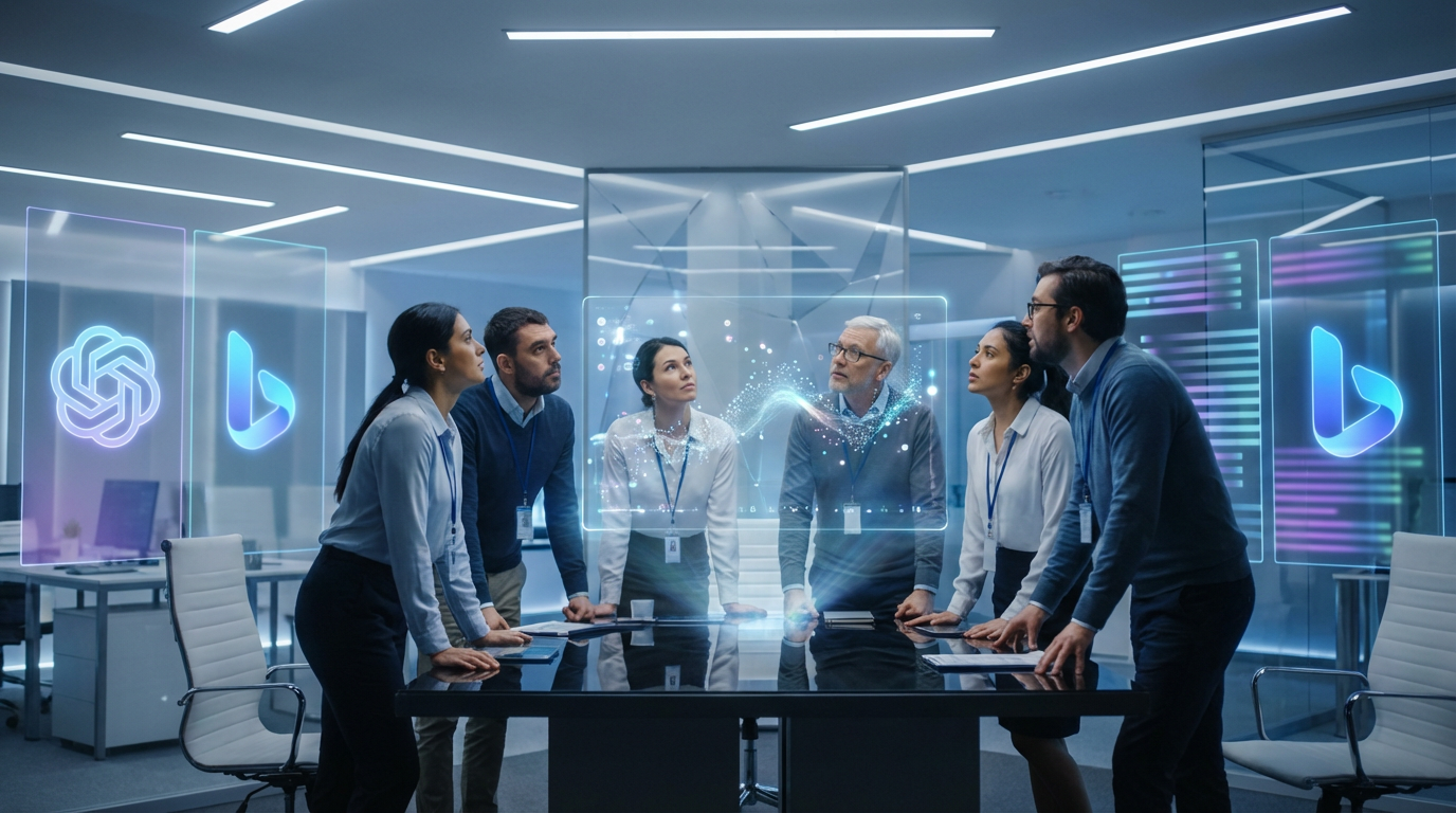 Digitales Marketingteam analysiert AI-Sichtbarkeit auf Monitoren mit ChatGPT Bing-Logos in modernem Büro