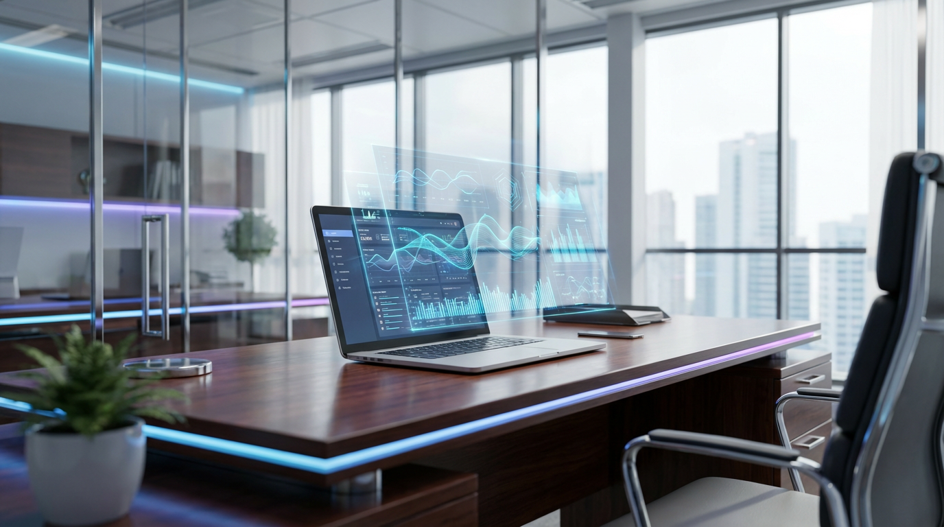 Modernes Business-Analytics-Dashboard auf Laptop mit AI-Sichtbarkeitsmetriken, ideal für ChatGPT Fragen und Analysen.