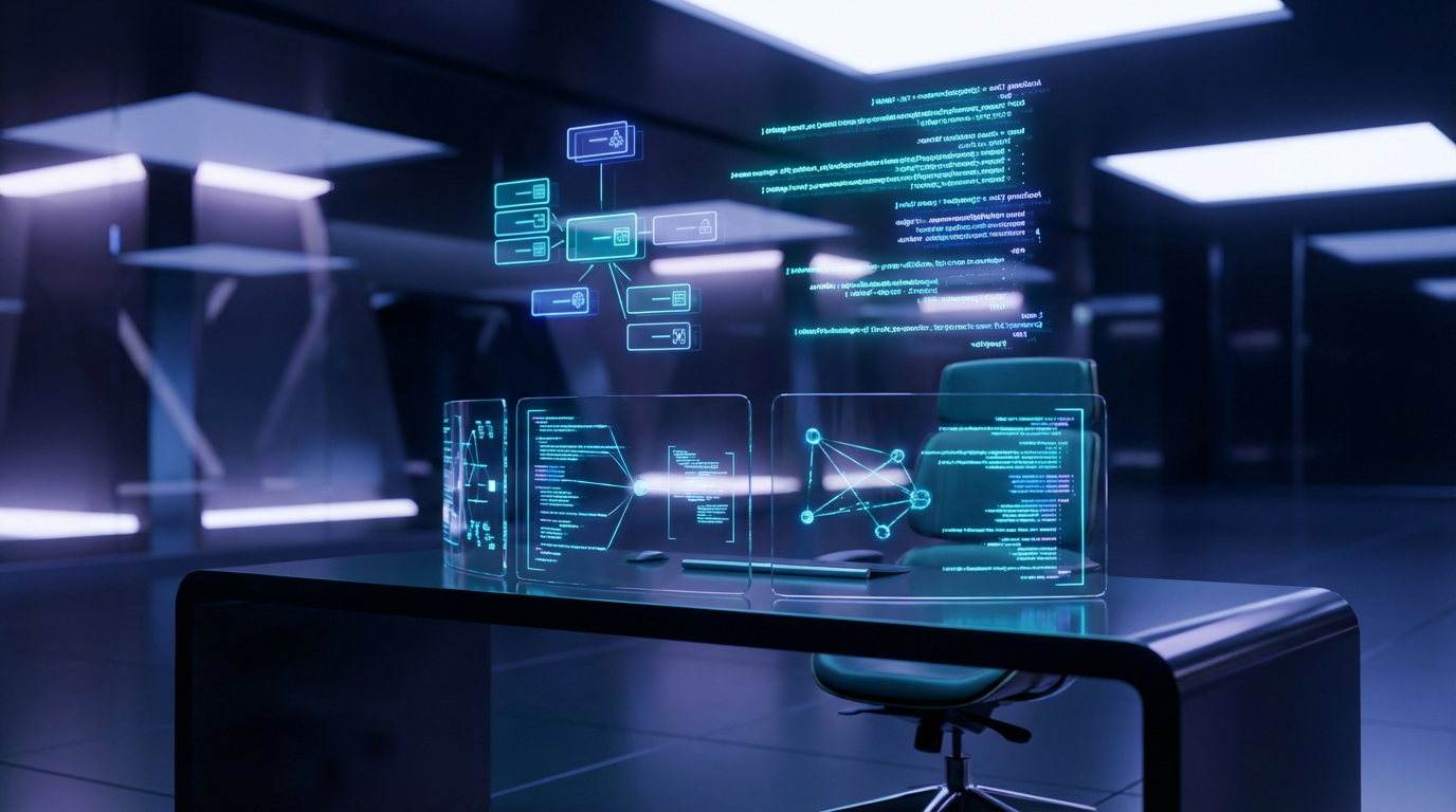 Entwicklerarbeitsplatz mit Monitoren, Schema-Markup-Code auf Bildschirm, ChatGPT Fragen im Fokus
