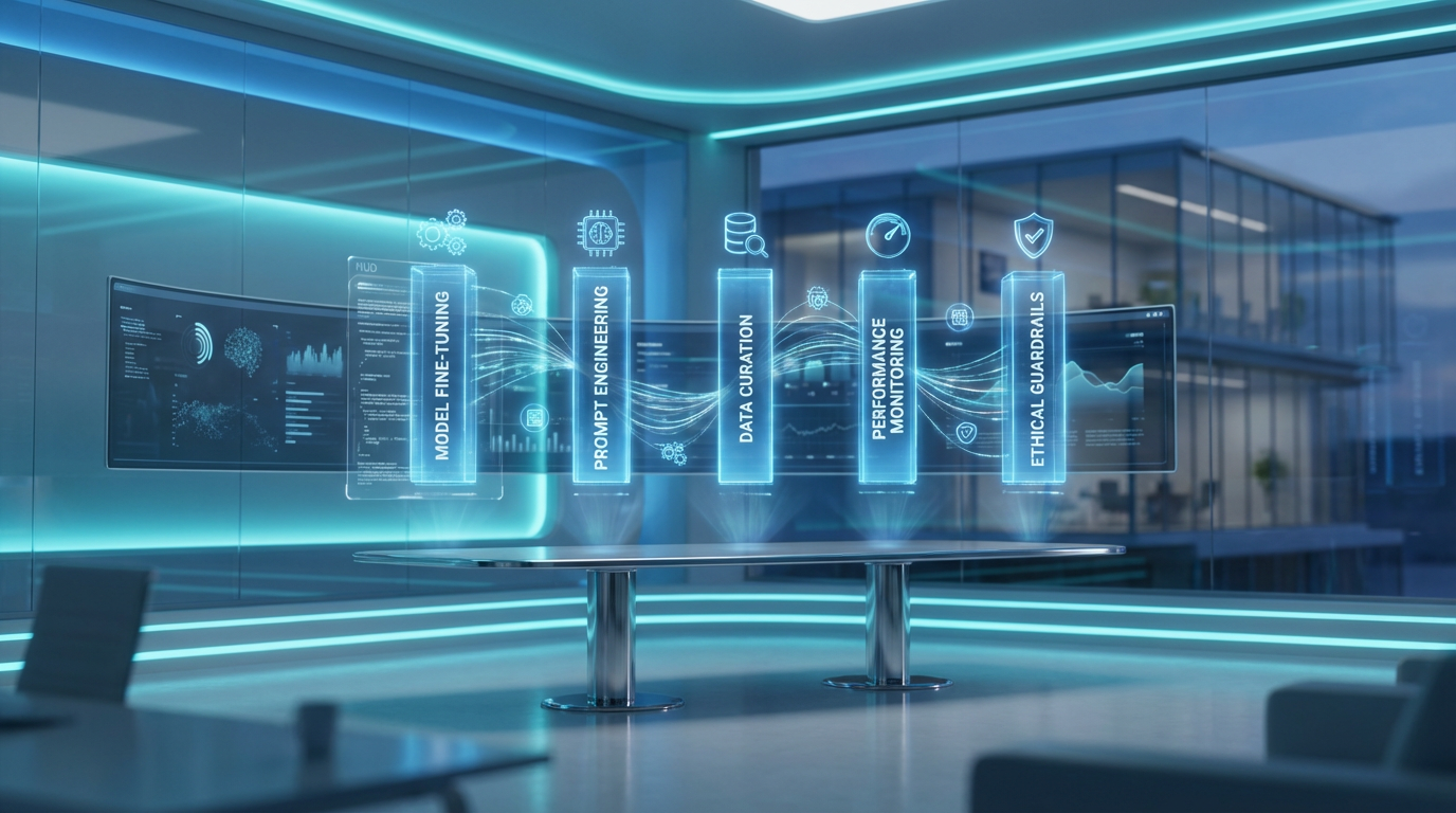 Infografik auf großem Screen: fünf Pfeiler und Flowcharts zur Optimierung — ChatGPT für Unternehmen, scharf