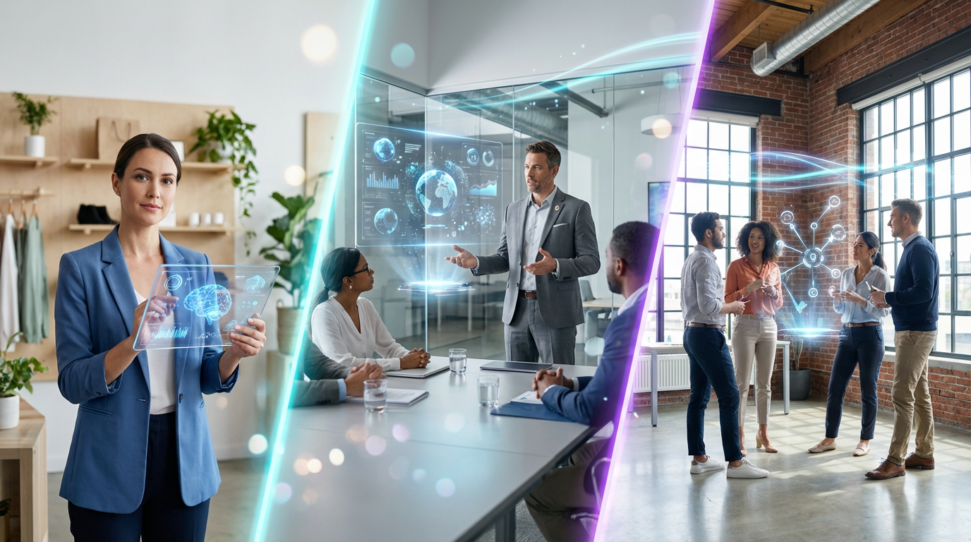 Split-Screen: Ladenbesitzer mit Tablet, B2B-Professional präsentiert, Startup brainstormt – ChatGPT für Unternehmen sichtbar.