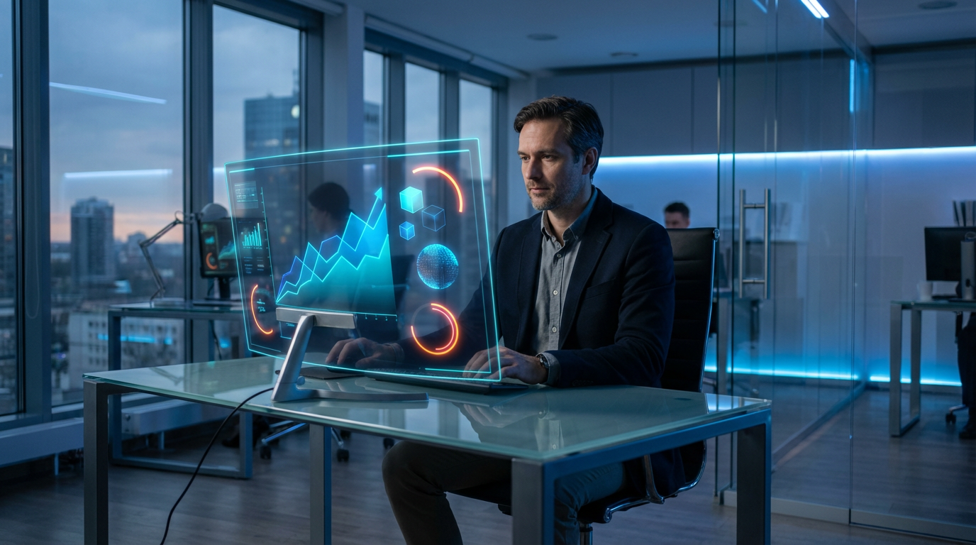 ChatGPT Inhalte nutzen: Metrics im Blick Fachkraft überprüft Analytics-Dashboard am Monitor; ChatGPT Inhalte nutzen zeigt steigende Sichtbarkeitsmetriken