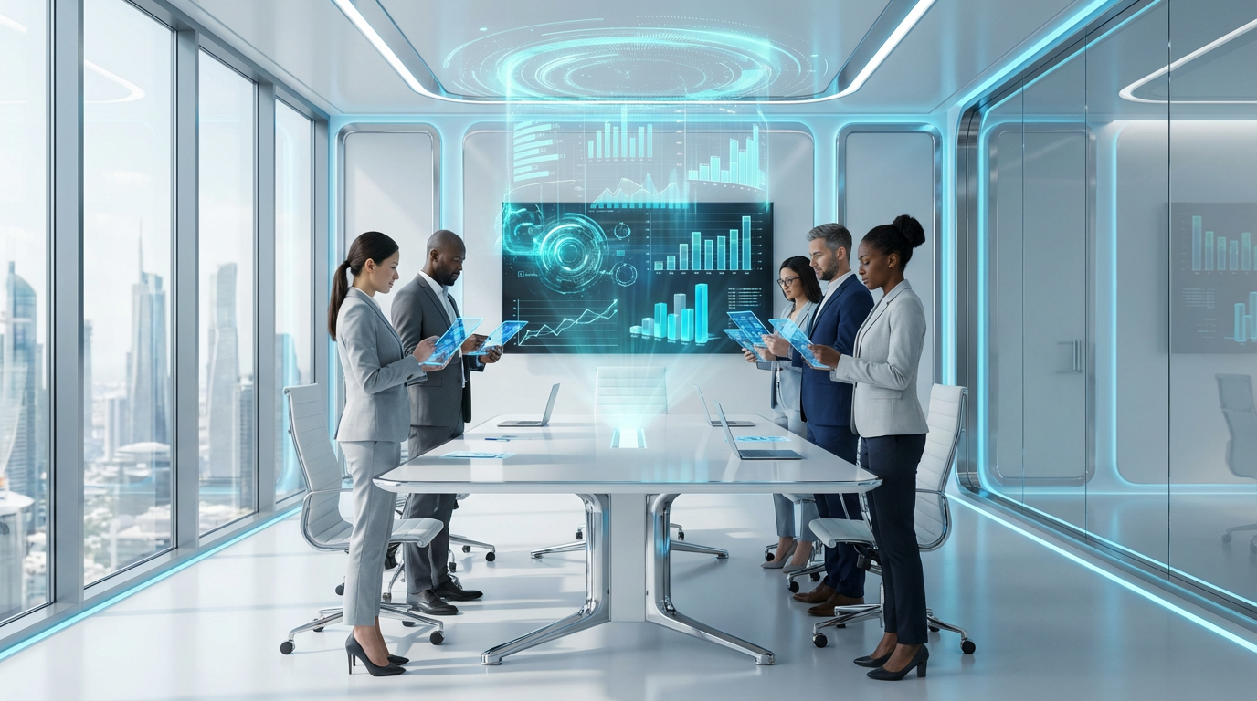 Marketingteam analysiert ChatGPT Marketing-Daten auf Tablet im modernen Konferenzraum bei Tageslicht