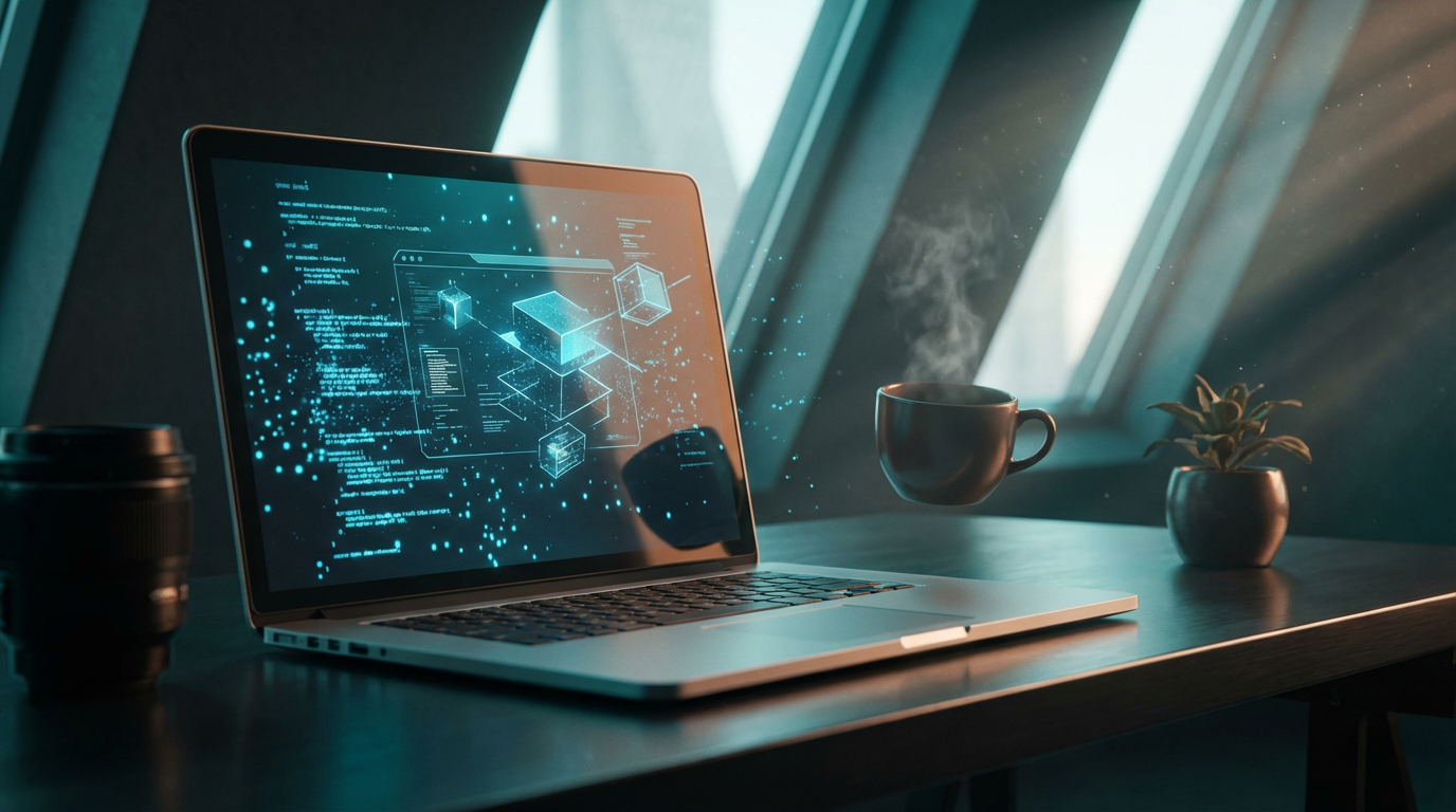 Nahaufnahme Laptop-Bildschirm mit Schema-Markup und Content-Struktur, ChatGPT Marketing Arbeitsumgebung mit Kaffee