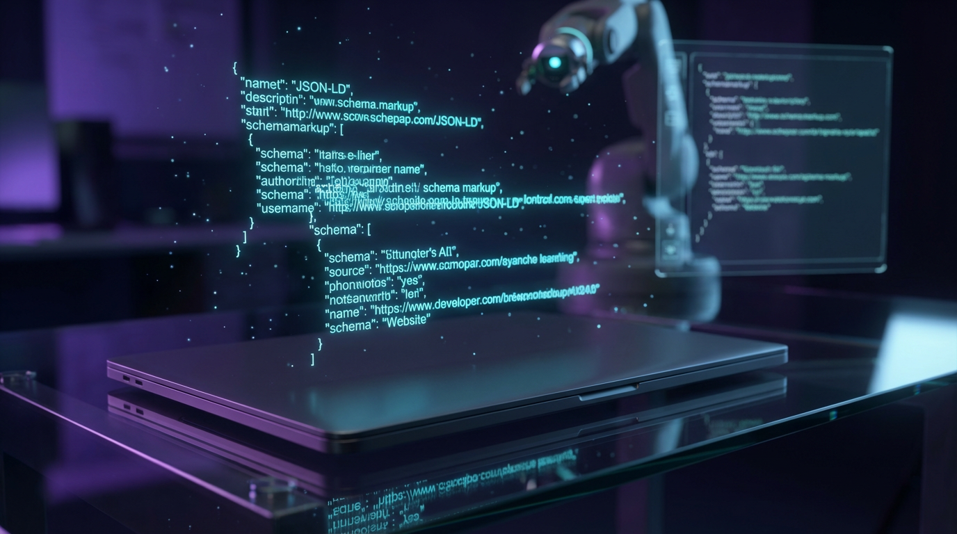 Close-up: Entwickler am Laptop implementiert Schema-Markup auf Bildschirm, ChatGPT Ranking verbessern durch strukturierten Code