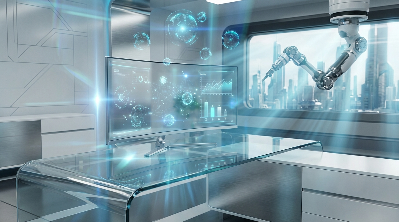 Modernes Analytics-Dashboard auf Monitor zeigt ChatGPT Ranking verbessern Metriken in professionellem Büro bei Tageslicht