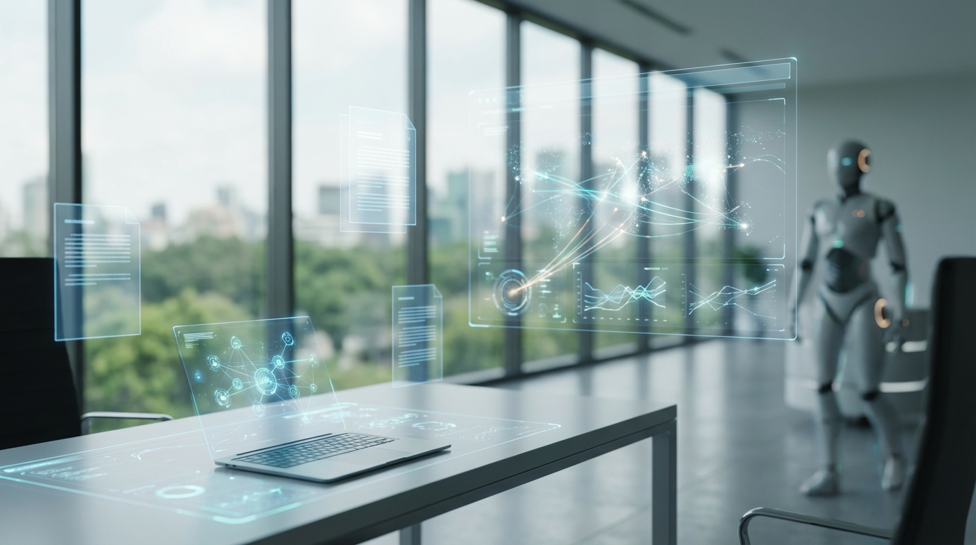 Modernes Büro mit großem Monitor und Laptop, digitales Dashboard zeigt Checkliste für KI Sichtbarkeit und Datenkonsistenz.