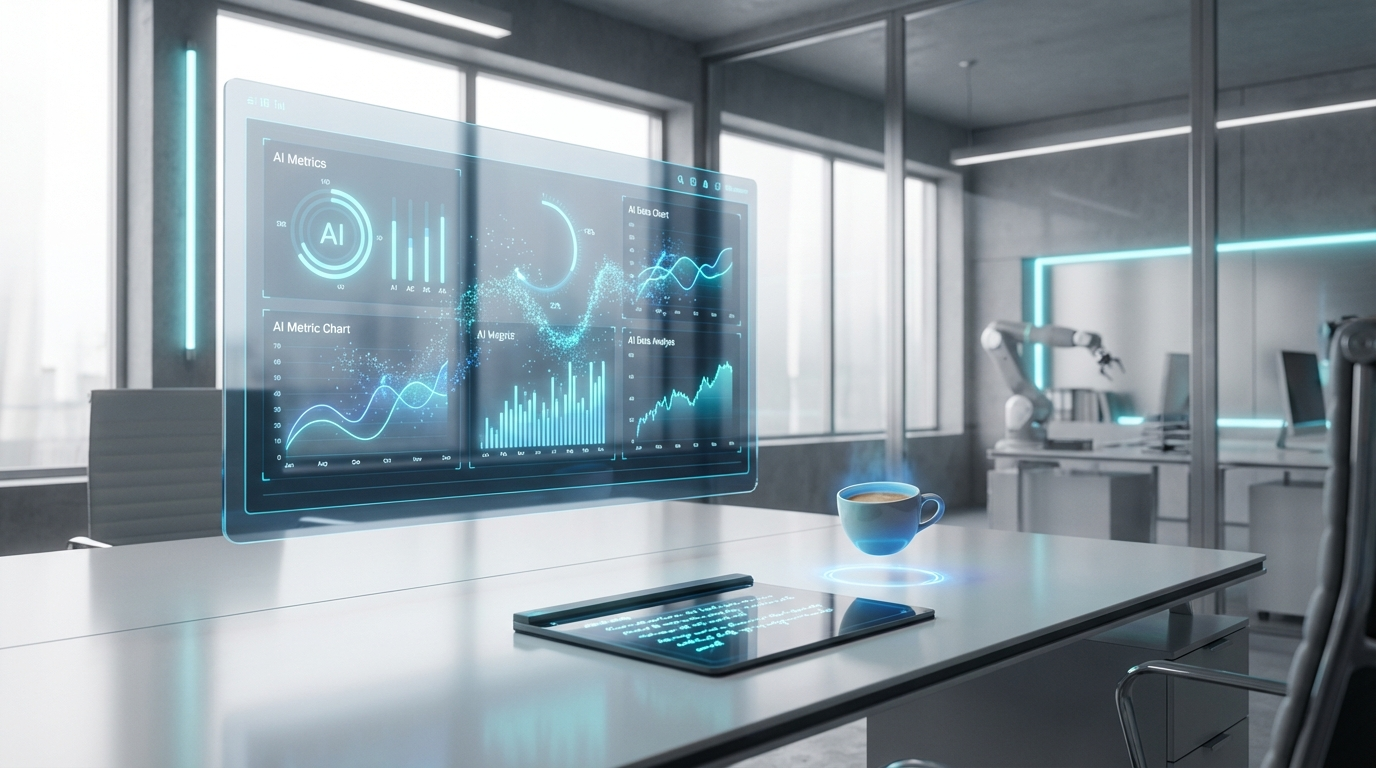 Analytics-Dashboard mit KI-Metriken auf großem Monitor – Checkliste für KI Sichtbarkeit, modernes Büro und Kaffee.