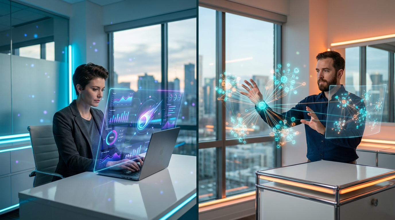 Split-Screen: Comet vs Atlas - zwei Data Scientists vor Laptops zeigen Dashboard und 3D-Visualisierung in hellem Büro