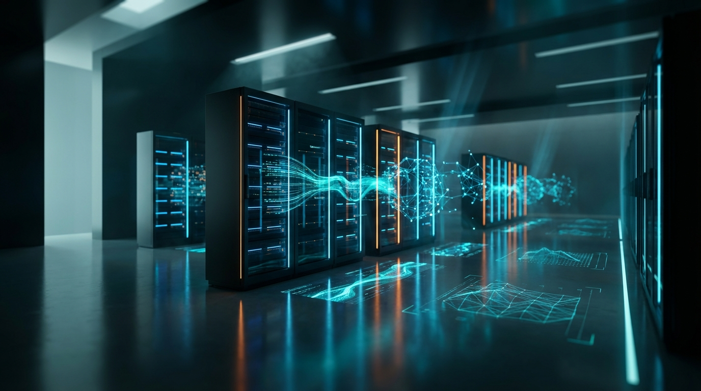 Modernes Rechenzentrum mit leuchtenden blauen LEDs, Datenströmen und neuronalen Visualisierungen — Comet vs Atlas Szene.