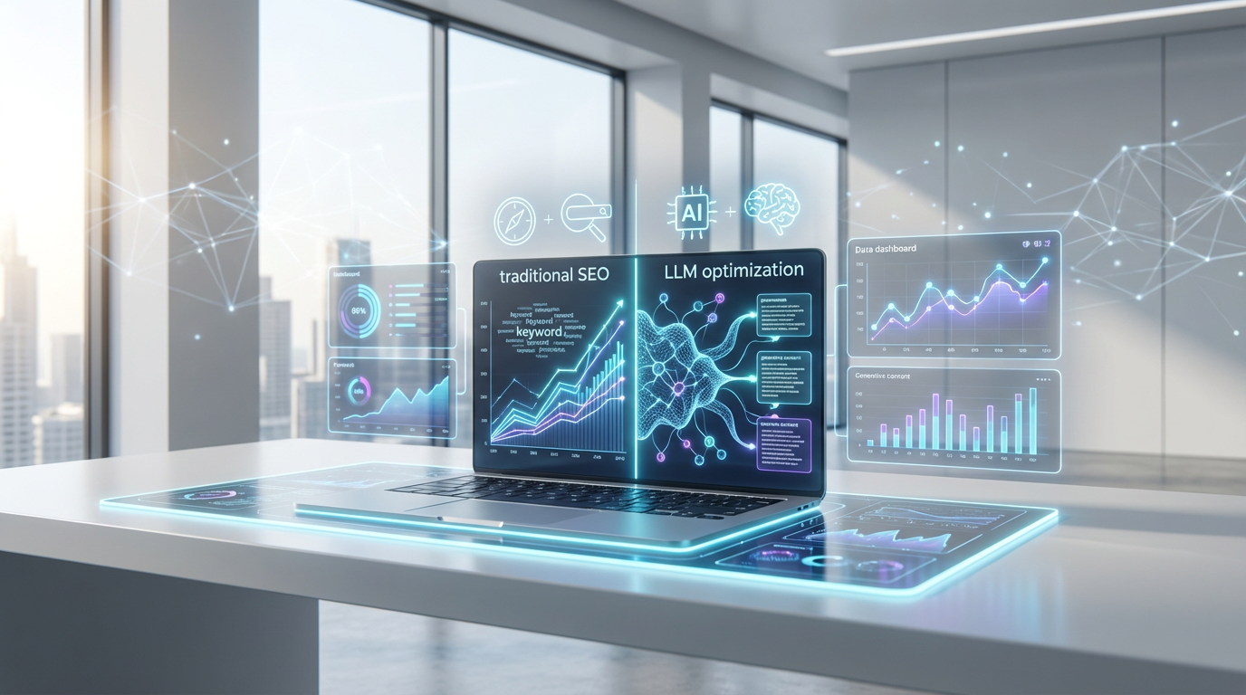 Modernes Büro zeigt Laptop-Split-Screen: traditionelles SEO vs Content für LLMs optimieren, Dashboard mit Visibility-Metrik