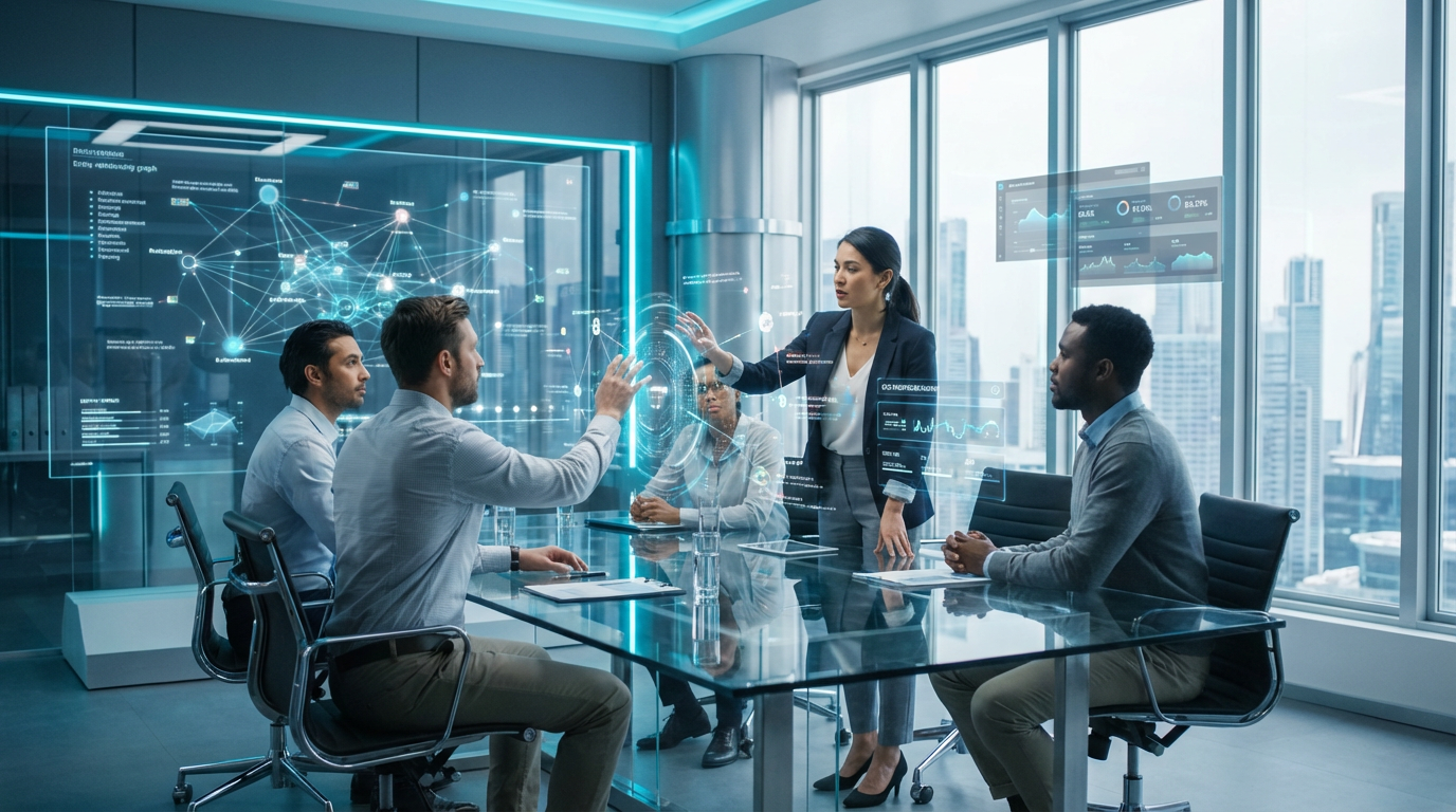 Team in modernem Konferenzraum analysiert Entity SEO Diagramme und SEO-Metriken auf großem Bildschirm bei Tageslicht