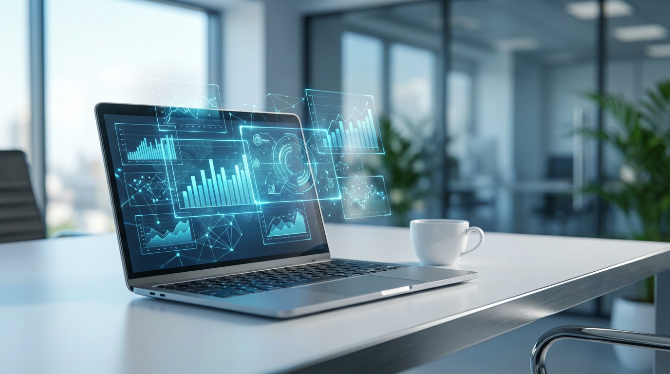 Moderner Arbeitsplatz: Laptop mit Rivo.ai Dashboard zeigt Metriken, Kaffeetasse daneben, Google AI Antworten sichtbar.