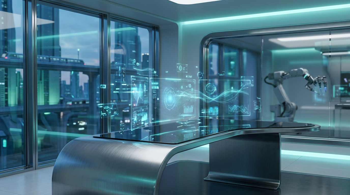 Professioneller Schreibtisch mit mehreren Bildschirmen, die Google AI Antworten und Sichtbarkeits-Analytics zeigen.