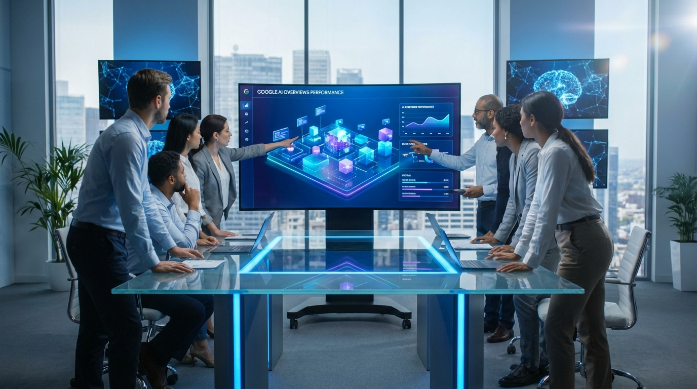Marketing-Team im modernen Büro analysiert Google AI Antworten und Sichtbarkeitsmetriken auf großem Monitor.